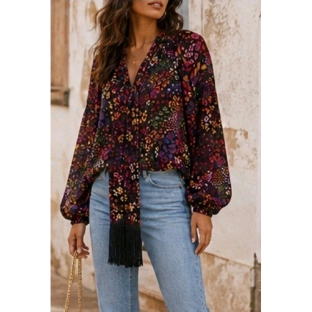 Farm Rio Floral Animal Print Blouse Balloon Sleeve Fringe Tie Neck Size Large